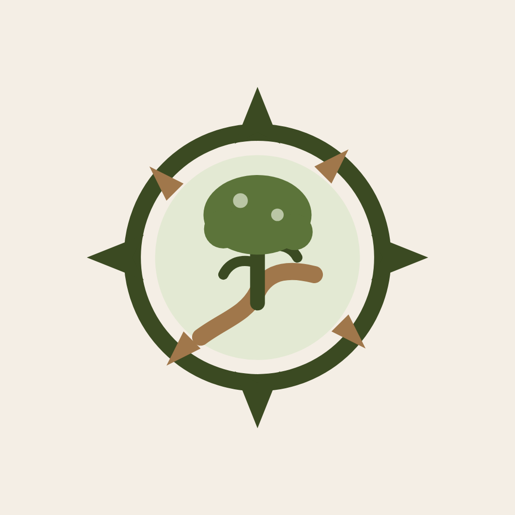 Icono oficial de TrackRoot: brújula, árbol y sendero