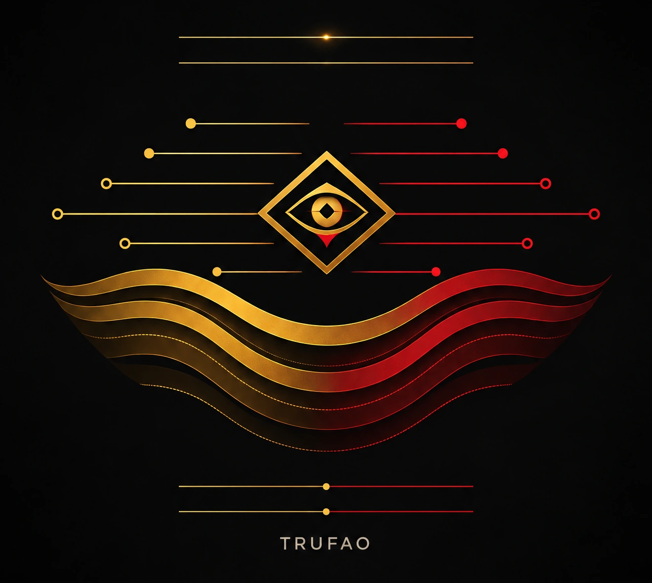 Logo de Trufao: ojo dorado y ondas doradas y rojas